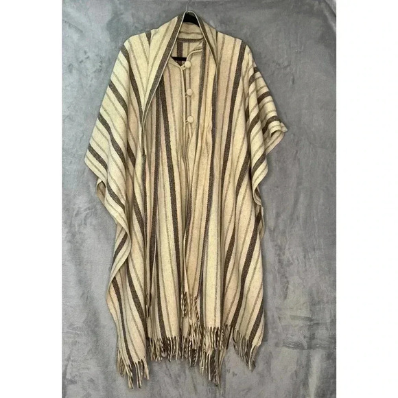 Wool Sherpa 1970's Poncho with Scarf Unisex OS Ivory Gray Stripes and Fringe
